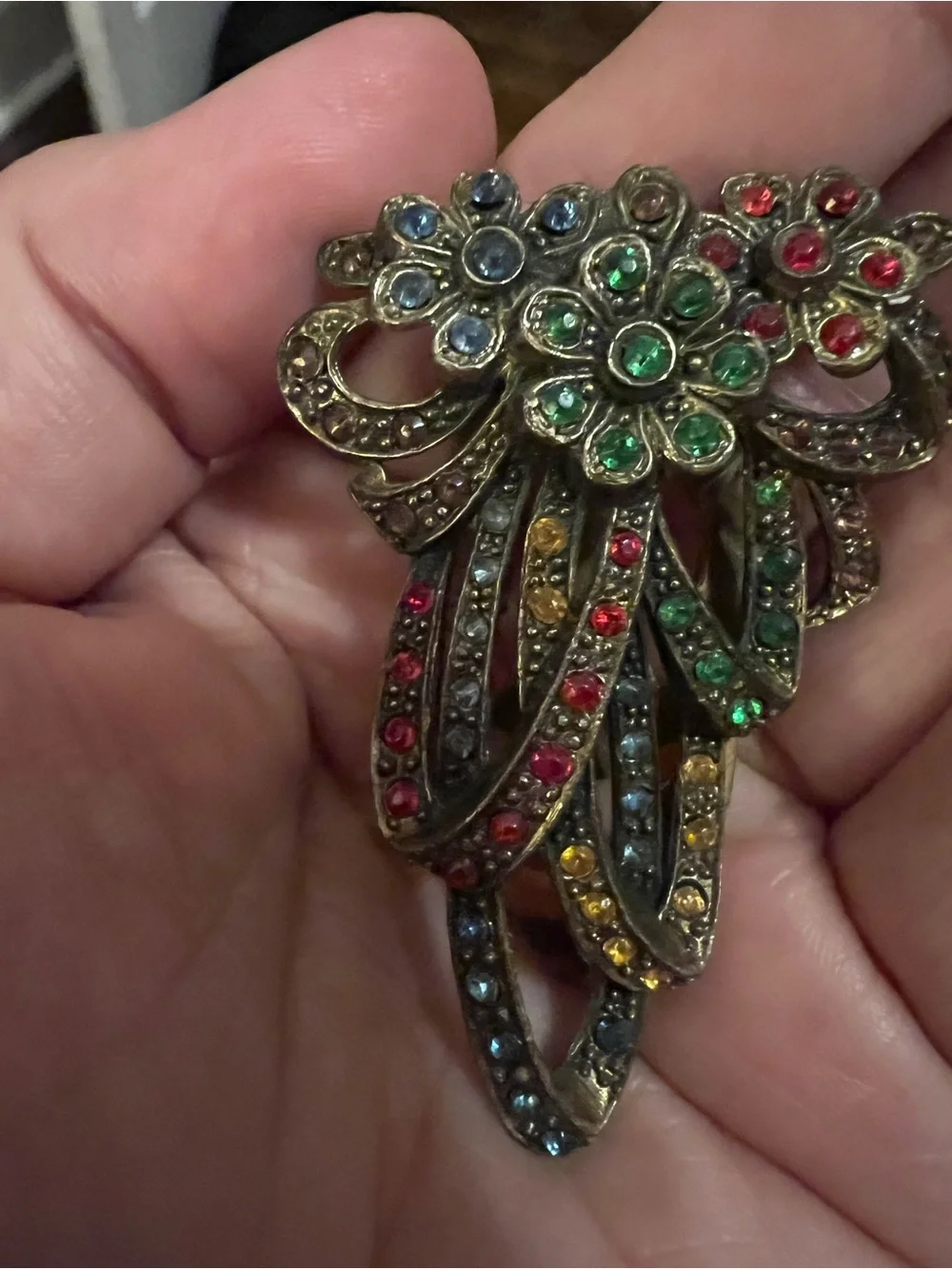 Vintage 1930s-40s Multi-Color Rhinestone Floral Bow Brooch Unsigned Czech-Style